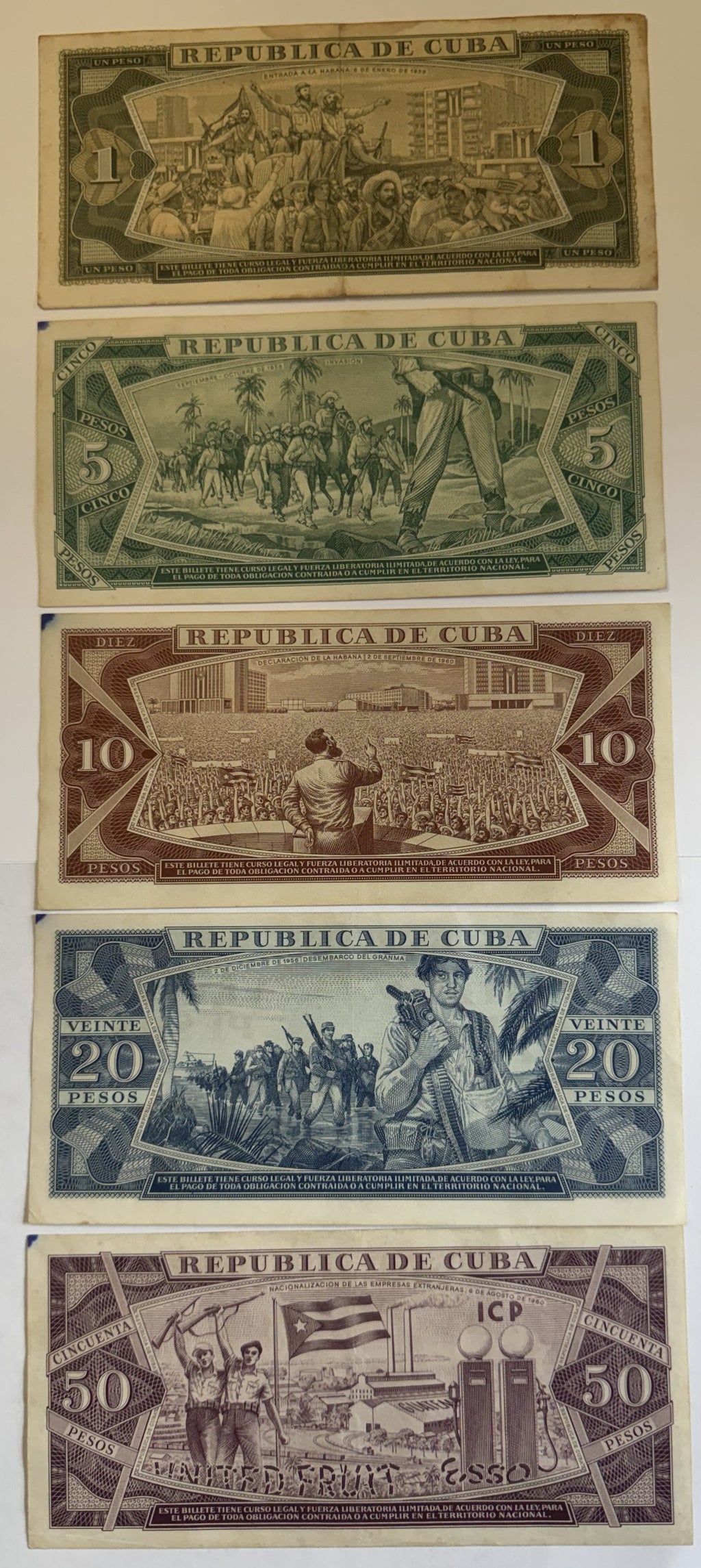 1961 Cuba Che Guevara Signature 5-Banknote Set – 1, 5, 10, 20 & 50 Pesos – Vintage Cuban Currency