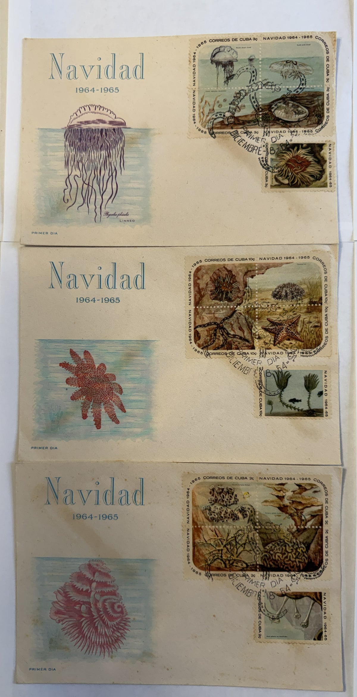 1964 Cuba Christmas Marine Life – Set of 3 First Day Covers – Complete Issue