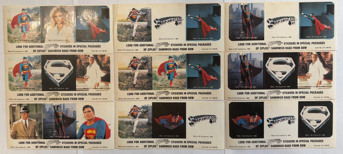 1982/83 Superman III Ziploc Dow Promo Stickers – 9 Different Uncut Panels – 27 Stickers