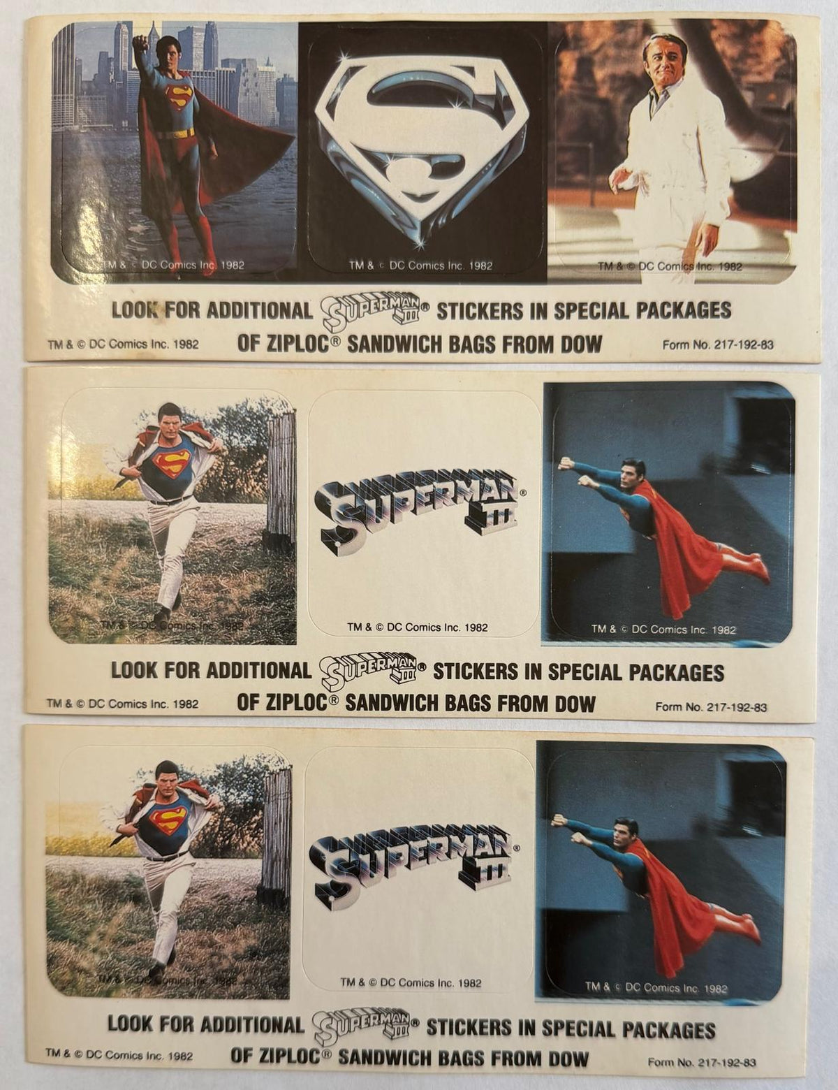 1982/83 Superman III Ziploc Dow Promo Stickers – Lot of 3 Uncut Panels – 9 Stickers