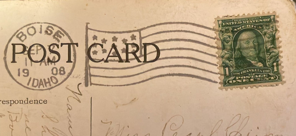 1 cent stamp Franklin 1908 over postcard Nampa, Idaho