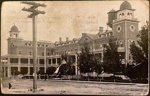 1 cent stamp Franklin 1908 over postcard Nampa, Idaho