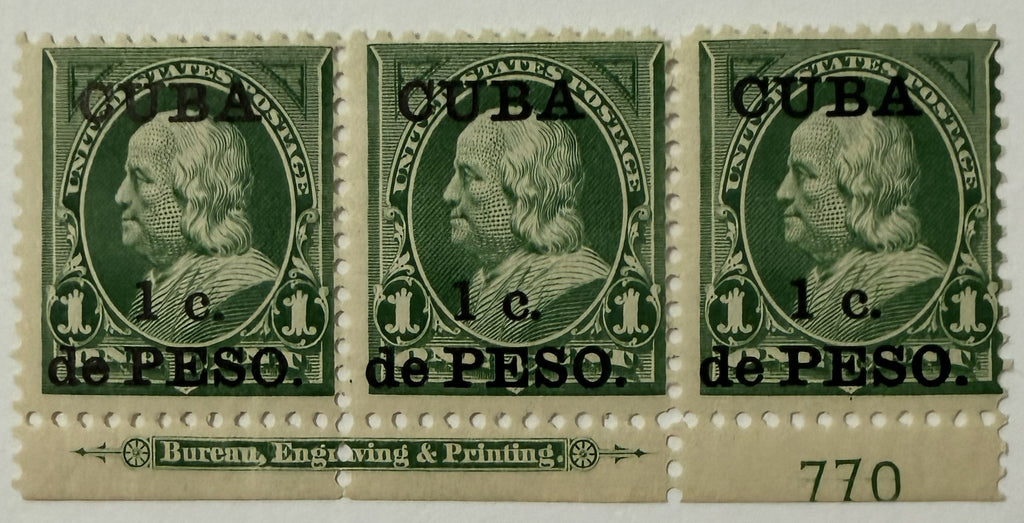 1899 Cuba Scott #221 1c Franklin Plate 770 Strip of 3 – U.S. Occupation
