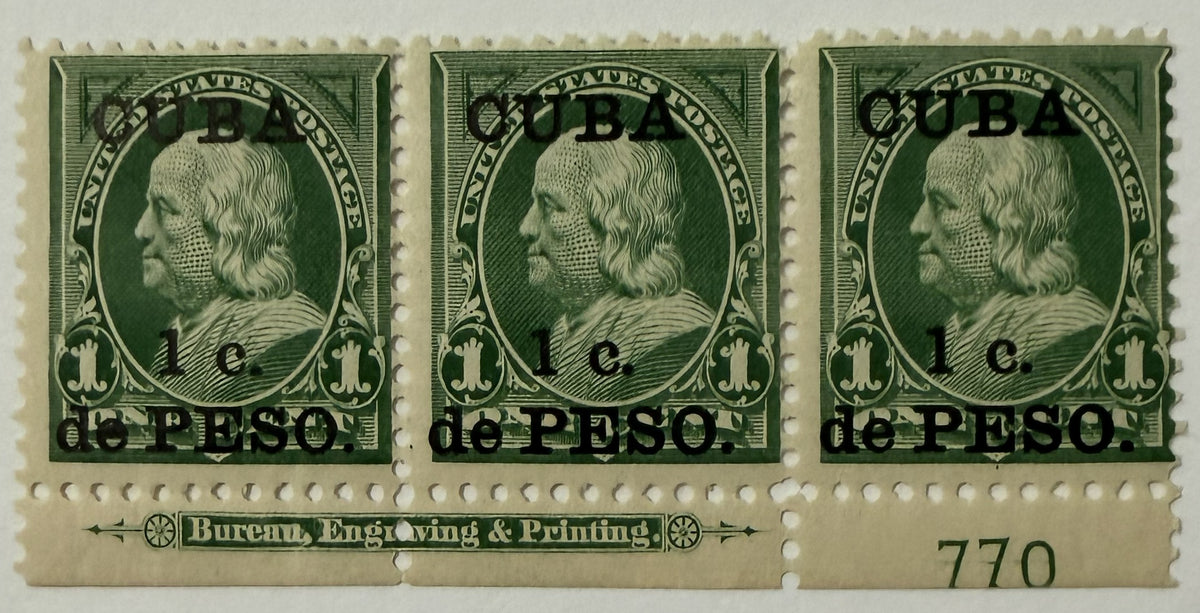 1899 Cuba Scott #221 1c Franklin Plate 770 Strip of 3 – U.S. Occupation
