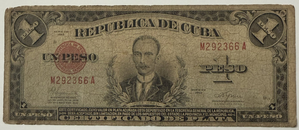 1945 Cuba 1 Peso Silver Certificate José Martí – Pick 69f – Republic of Cuba Banknote