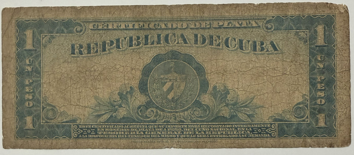 1945 Cuba 1 Peso Silver Certificate José Martí – Pick 69f – Republic of Cuba Banknote