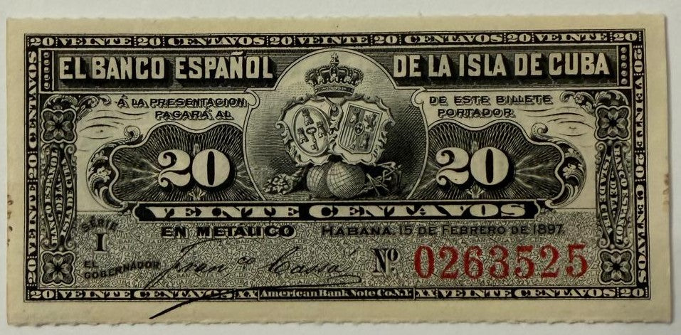 1897 Cuba 20 Centavos Banco Español de la Isla de Cuba – Pick 53a – Spanish Colonial Banknote
