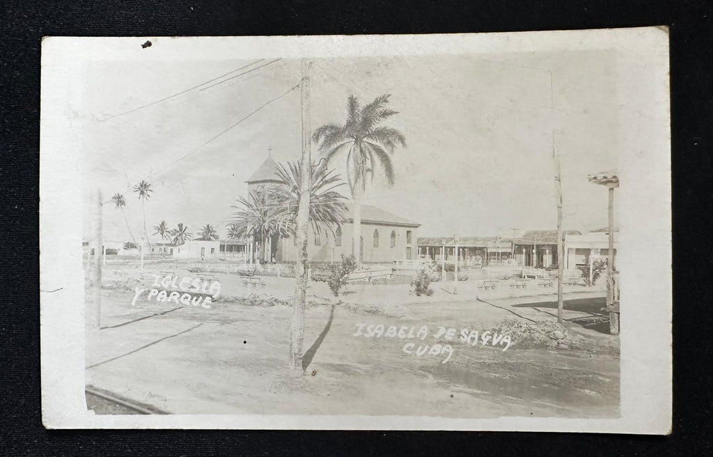 1955 Isabela de Sagua Cuba Church & Park Real Photo Postcard RPPC