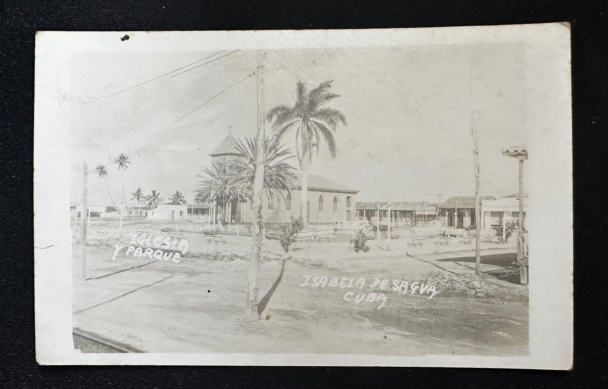 1955 Isabela de Sagua Cuba Church & Park Real Photo Postcard RPPC