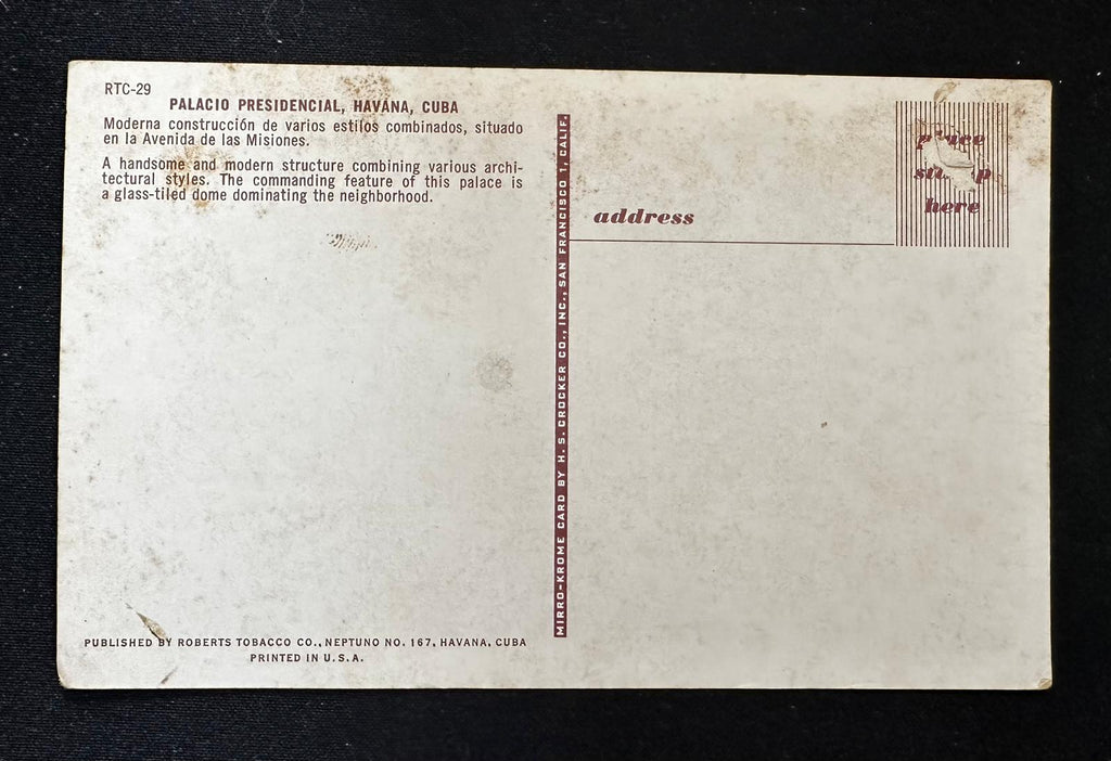 Vintage 1950s Havana Cuba Presidential Palace RTC-29 Postcard – Roberts Tobacco Co.