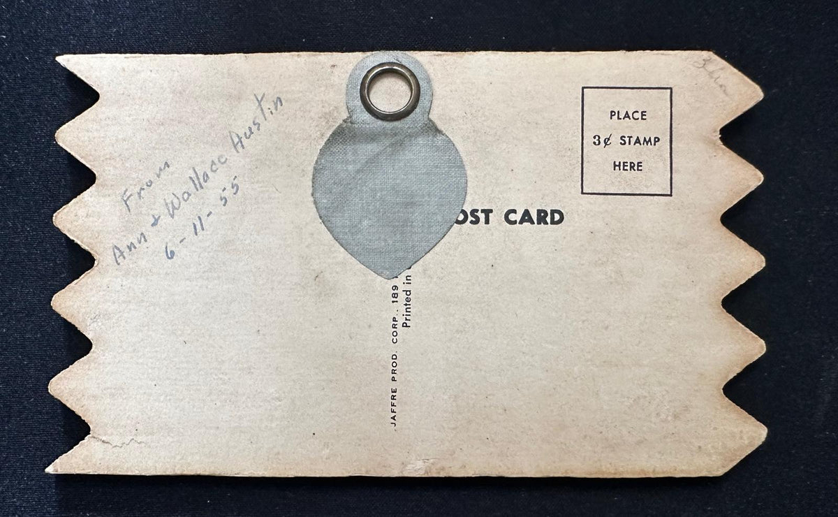 Wood postcard humor ready to hang message God Bless our Mortgaged Home, 1955