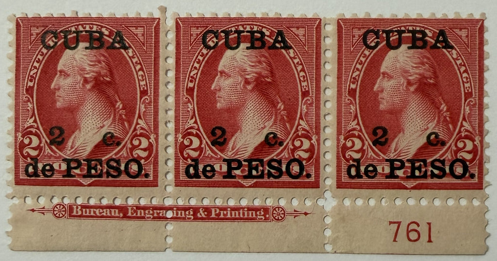 Cuba 1899 Scott #222 2c on 2¢ Washington Plate No. 761 Strip of 3 – U.S. Occupation
