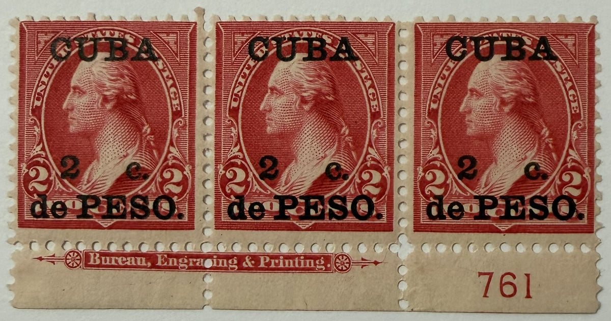 Cuba 1899 Scott #222 2c on 2¢ Washington Plate No. 761 Strip of 3 – U.S. Occupation