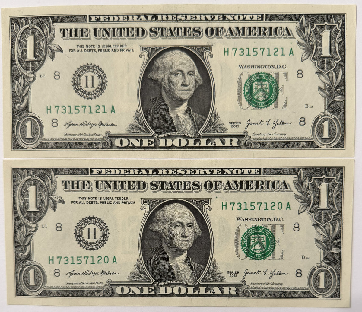 2021 $1 Federal Reserve Notes Consecutive Serial Number Pair – St. Louis H – Malerba Yellen