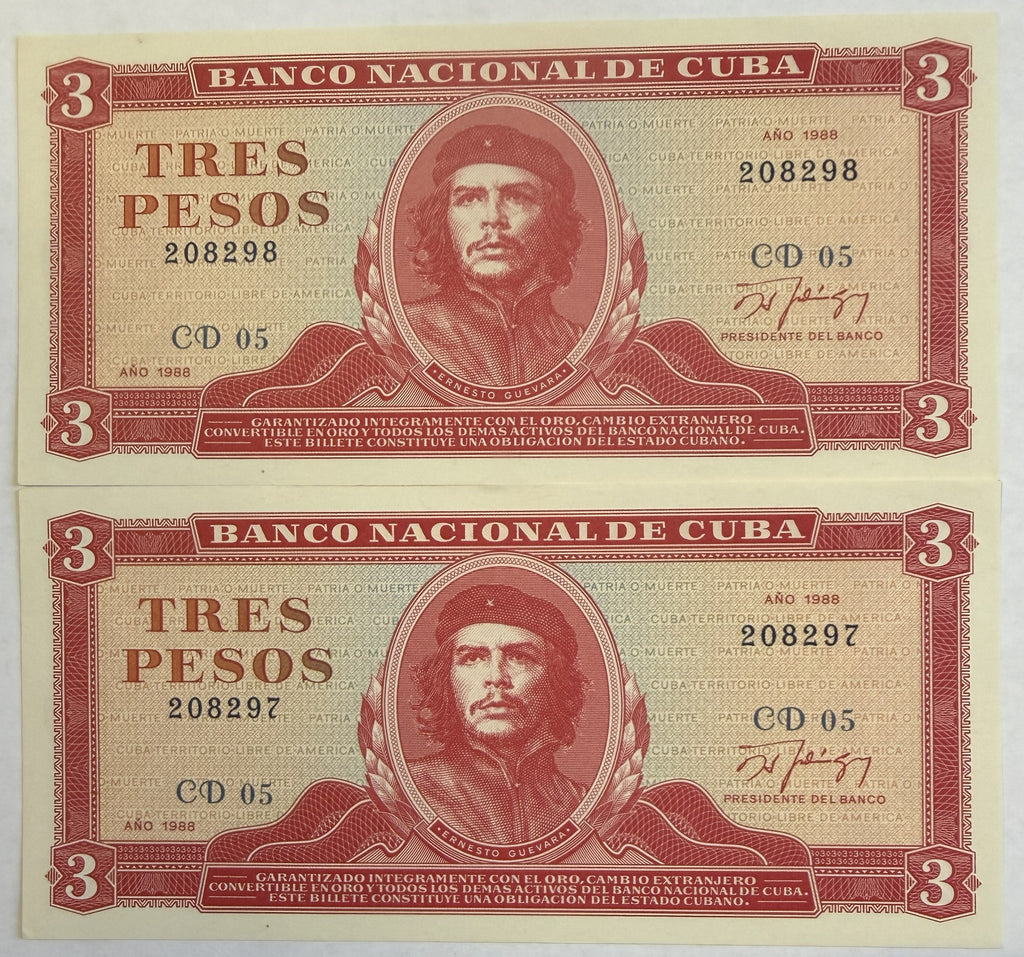 1988 Cuba 3 Pesos Che Guevara Banknotes – Consecutive Serial Numbers 208297 & 208298 – Pair