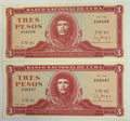 1988 Cuba 3 Pesos Che Guevara Banknotes – Consecutive Serial Numbers 208297 & 208298 – Pair