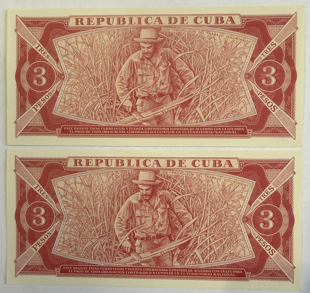 1988 Cuba 3 Pesos Che Guevara Banknotes – Consecutive Serial Numbers 208297 & 208298 – Pair