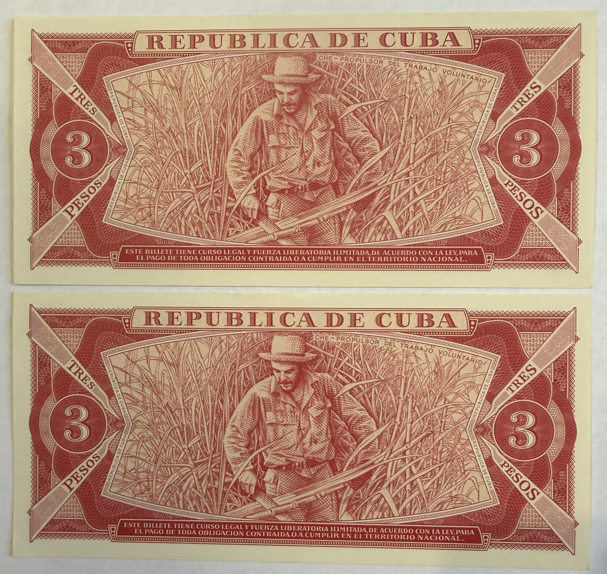 1988 Cuba 3 Pesos Che Guevara Banknotes – Consecutive Serial Numbers 208297 & 208298 – Pair