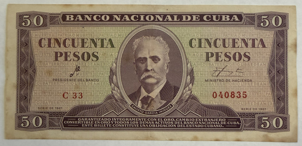 1961 Cuba Billete de 50 Pesos – Firma de Che Guevara – Calixto García – P-98