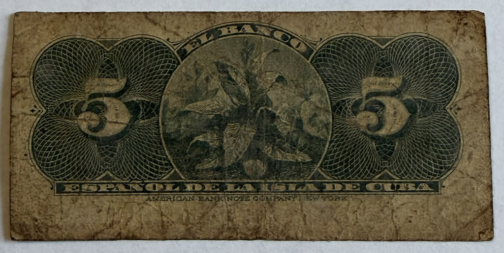 1896 Cuba 5 Centavos Banco Español de la Isla de Cuba – Serie J – Número de serie 2557940 – Escaso billete colonial español