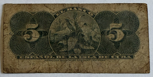 1896 Cuba 5 Centavos Banco Español de la Isla de Cuba – Series J – Serial 2557940 – Scarce Spanish Colonial Banknote