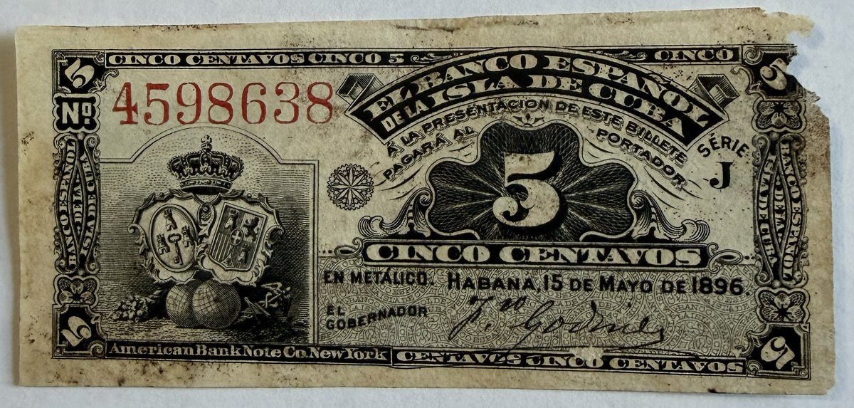 1896 Cuba 5 Centavos – Banco Español de la Isla de Cuba – Series J – P-45a – Antique Cuban Banknote