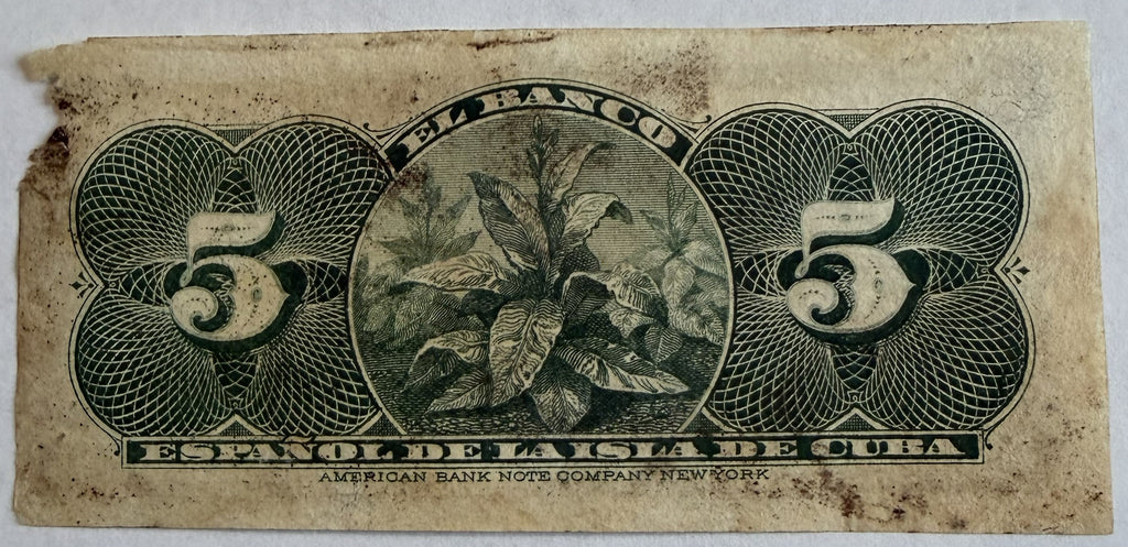 1896 Cuba 5 Centavos – Banco Español de la Isla de Cuba – Series J – P-45a – Antique Cuban Banknote