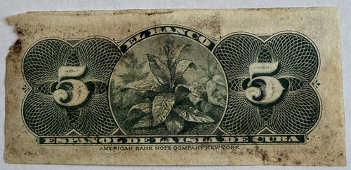 1896 Cuba 5 Centavos – Banco Español de la Isla de Cuba – Series J – P-45a – Antique Cuban Banknote