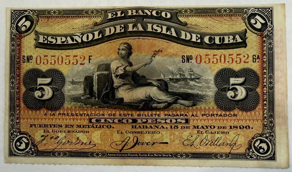 1896 Cuba 5 Pesos Banknote – Banco Español de la Isla de Cuba – Red PLATA Overprint – Spanish Colonial Currency