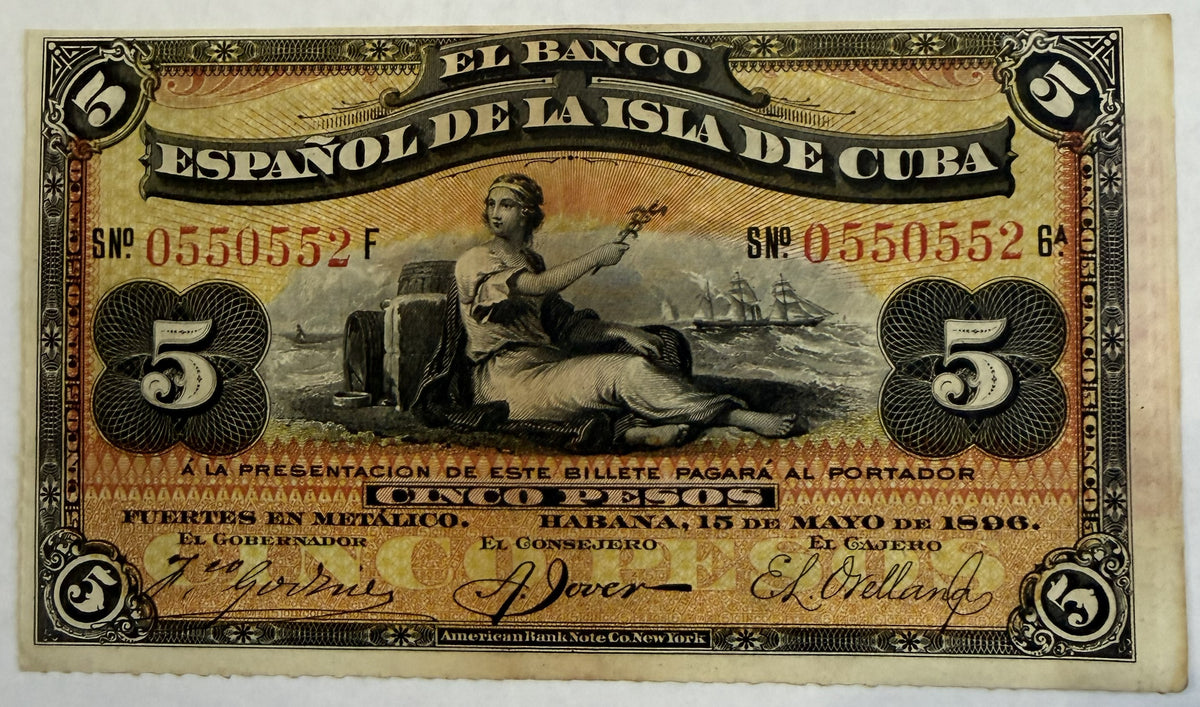 1896 Cuba 5 Pesos Banknote – Banco Español de la Isla de Cuba – Red PLATA Overprint – Spanish Colonial Currency