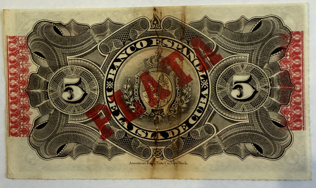 1896 Cuba 5 Pesos Banknote – Banco Español de la Isla de Cuba – Red PLATA Overprint – Spanish Colonial Currency