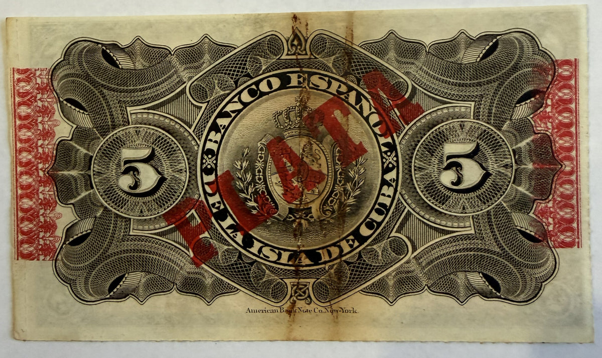 1896 Cuba 5 Pesos Banknote – Banco Español de la Isla de Cuba – Red PLATA Overprint – Spanish Colonial Currency