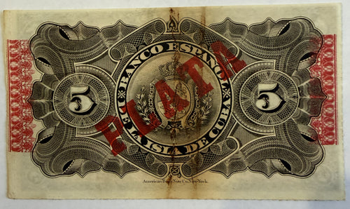 1896 Cuba 5 Pesos Banknote – Banco Español de la Isla de Cuba – Red PLATA Overprint – Spanish Colonial Currency
