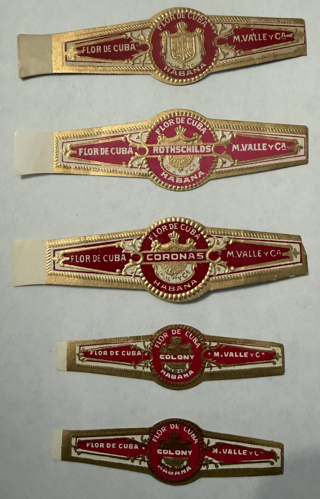 Antique Cuban Cigar Bands Set of 5 – Flor de Cuba M. Valle y Cia Habana – Embossed