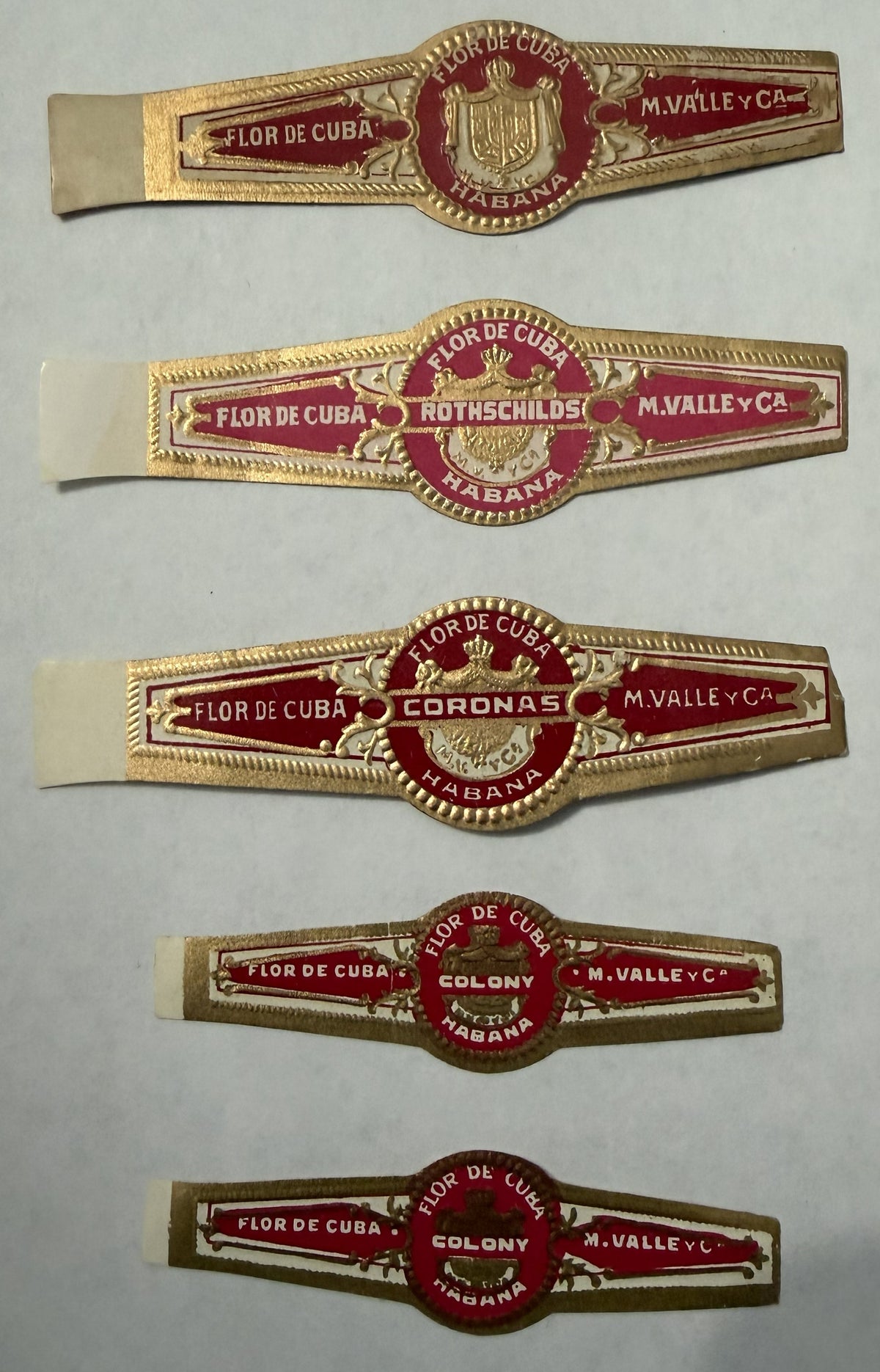Antique Cuban Cigar Bands Set of 5 – Flor de Cuba M. Valle y Cia Habana – Embossed