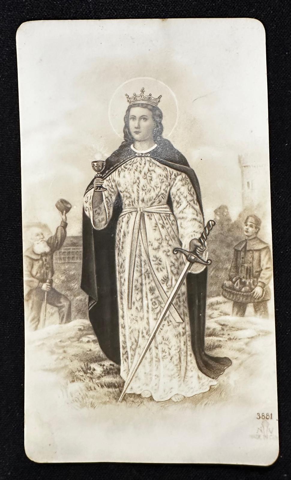 Antique Spanish Religious Holy Card – Crowned Saint with Chalice & Sword – No. 3881