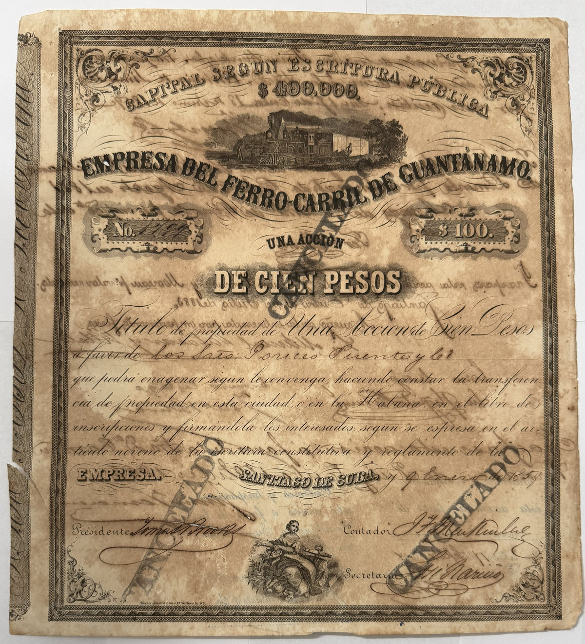 1859 Cuba Empresa del Ferro-Carril de Guantanamo 100 Pesos Railroad Stock Certificate No. 1799