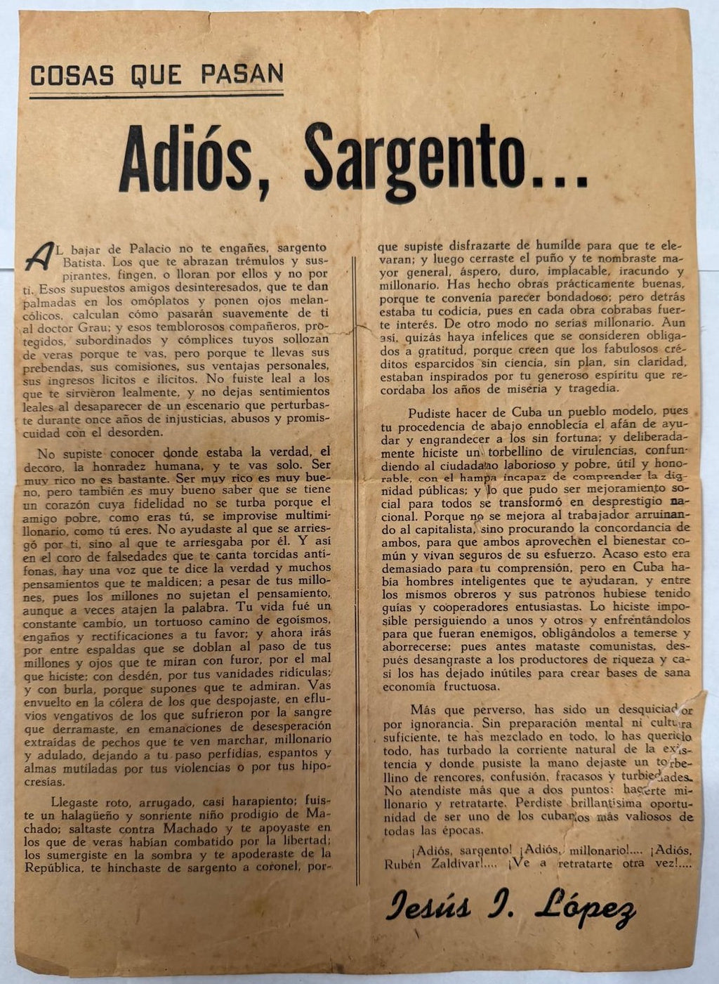 c.1944 Cuba Anti-Batista Political Broadside “Adiós, Sargento” – Jesús J. López