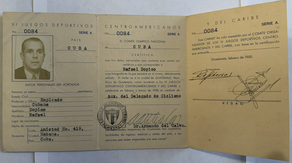 1950 Cuba Cycling Delegation Official ID – VI Central American & Caribbean Games Guatemala