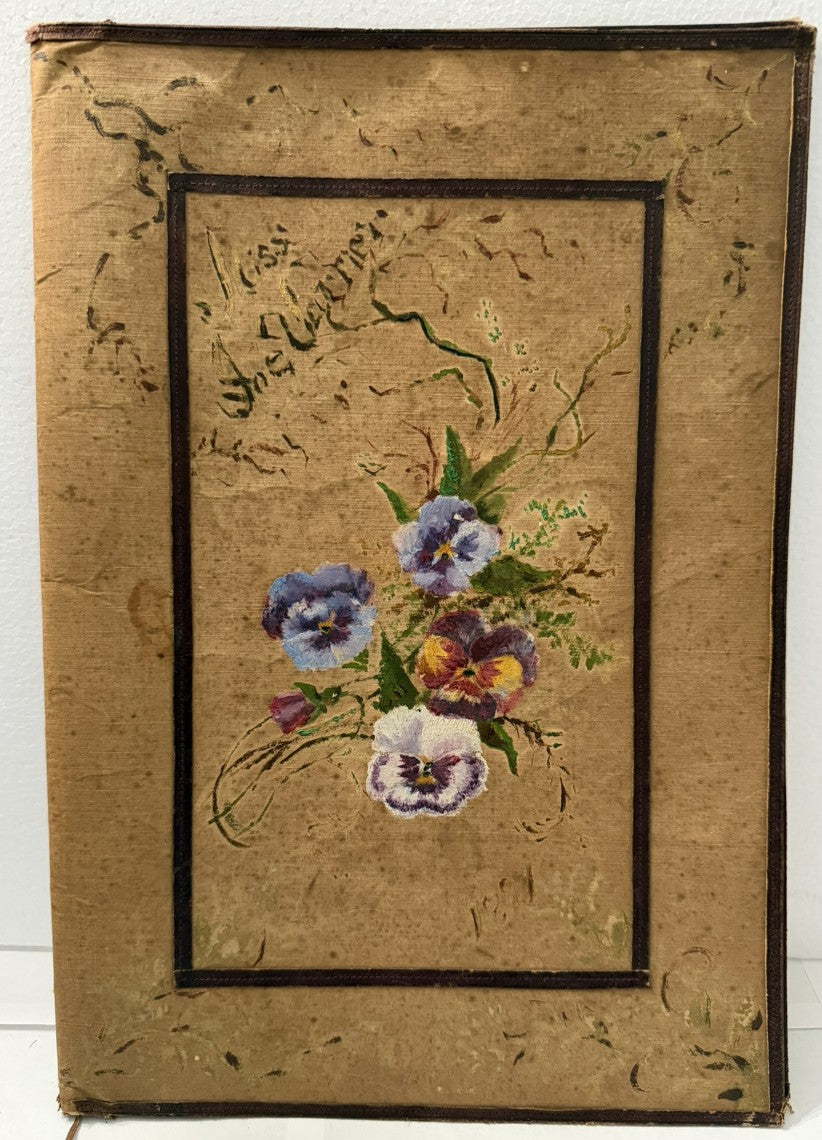 Antique 1893 Victorian Hand-Painted Floral Writing Portfolio Desk Blotter – Pansies