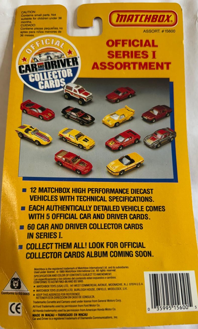 Tarjetas de colección 1989 Matchbox Car & Driver Serie I – 10 autos de metal sellados – Ferrari Porsche Lamborghini