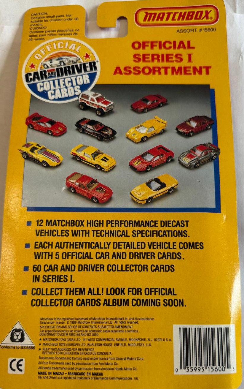 Tarjetas de colección 1989 Matchbox Car & Driver Serie I – 10 autos de metal sellados – Ferrari Porsche Lamborghini