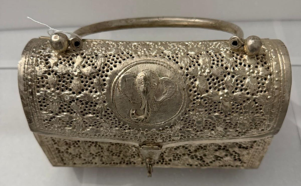 Vintage Indian Silver-Tone Metal Elephant & Floral Pierced Clutch Purse