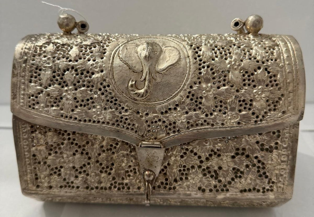 Vintage Indian Silver-Tone Metal Elephant & Floral Pierced Clutch Purse