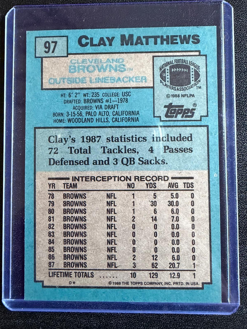 Tarjeta de fútbol americano NFL Clay Matthews #97 de los Cleveland Browns de Topps de 1988