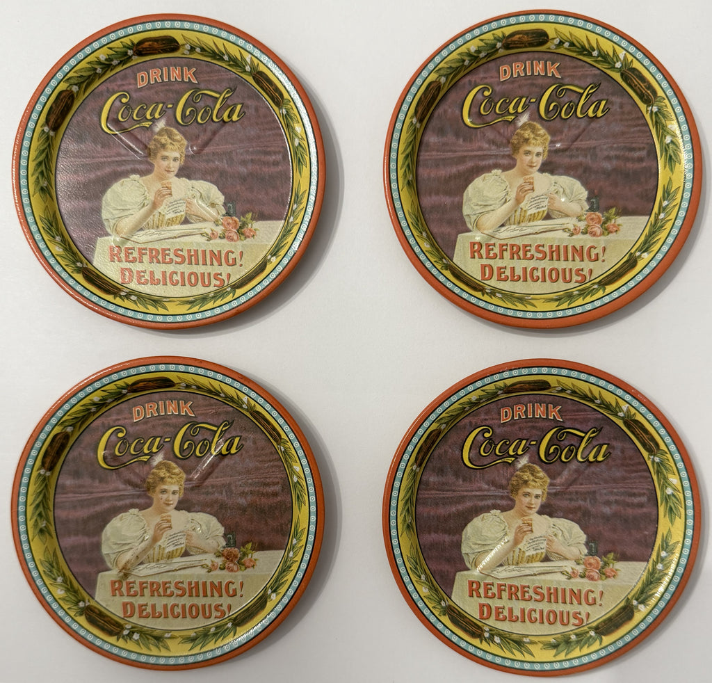Posavasos metálicos Coca-Cola Hilda Clark 75 Aniversario Vintage 1976 – Louisville KY – Juego de 4