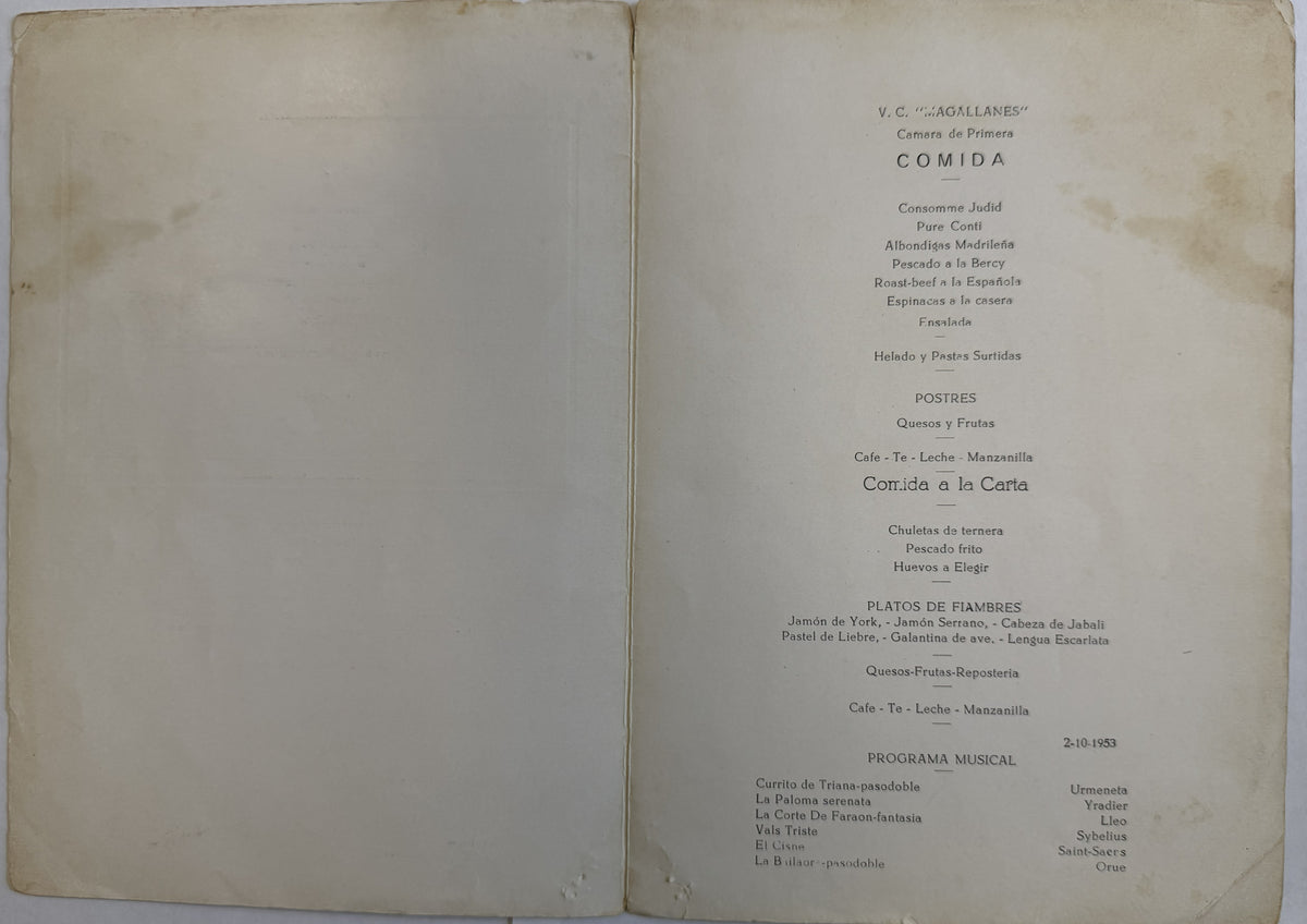 1953 V.C. Magallanes First Class Menu – Spanish Transatlantic Line – Final Service Year