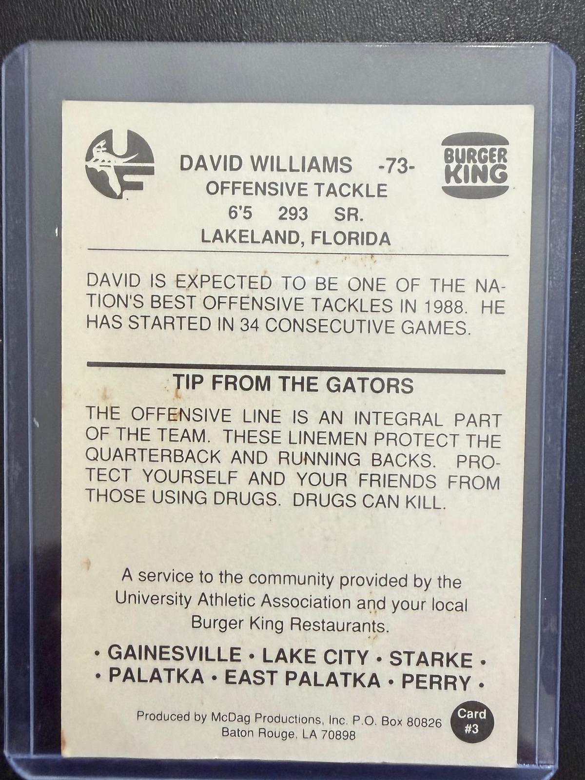 Tarjeta de fútbol vintage de David Williams #3 de los Florida Gators de Burger King de 1988