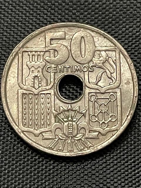 1963 Spain 50 Centimos Coin, Nautical Anchor and Helm , Copper-Nickel #65