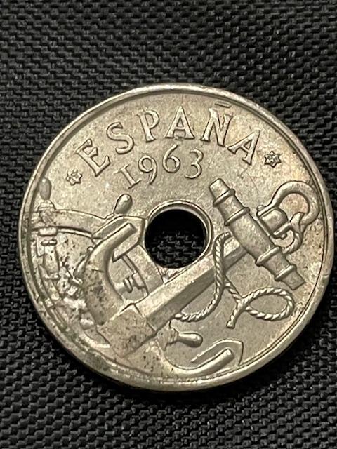 1963 Spain 50 Centimos Coin, Nautical Anchor and Helm , Copper-Nickel #65
